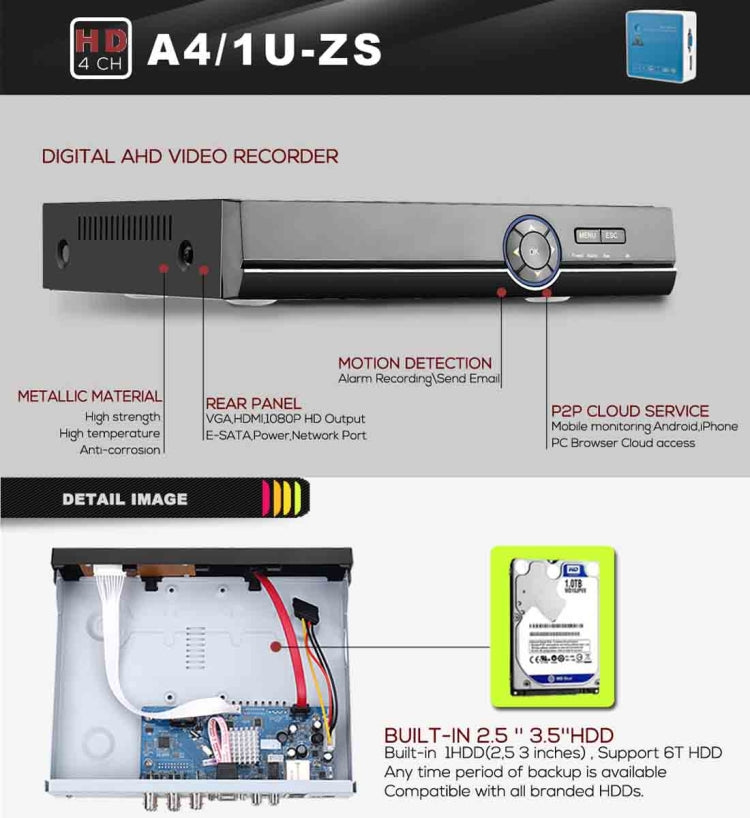 A41U-ZS 5 in 1 4 Channel Dual Stream H.264 1080N AHD DVR, Support AHD / TVI / CVI / CVBS / IP Signal, A41U-ZS A41U-ZS 5 in 1 4 Channel Dual Stream H.264 1080N AHD DVR, Support AHD / TVI / CVI / CVBS / IP Signal, A41U-ZS